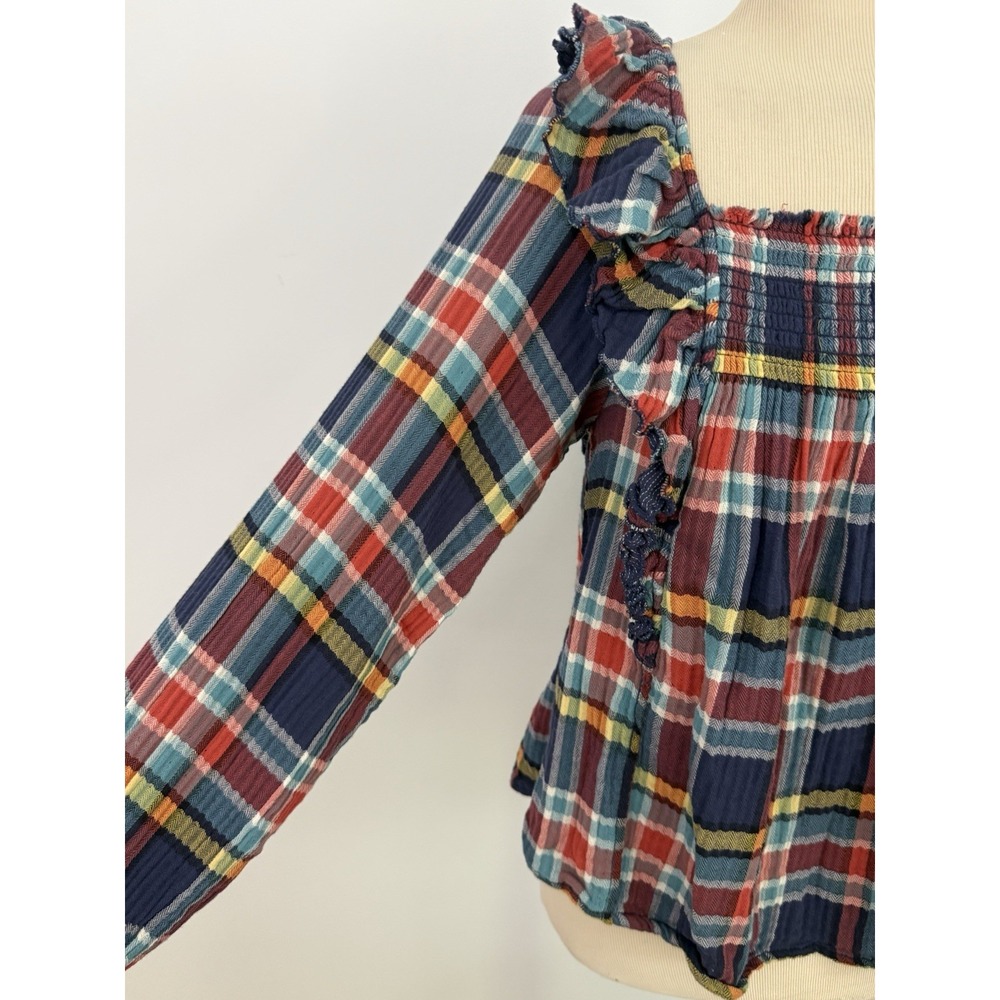We the FREE PEOPLE New Siena Plaid Pullover TOP Small Babydoll Teal Country $118 - Picture 5 of 16